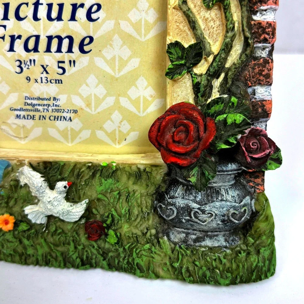 Vtg 90s Guardian Angel Resin PhotoFrame Dove Floral Roses Garden Victorian Fairy